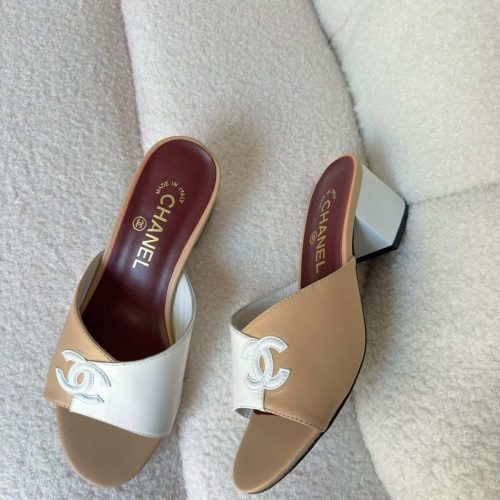 Chanel CC Two Tone Leather Slide Sandals Beige & White