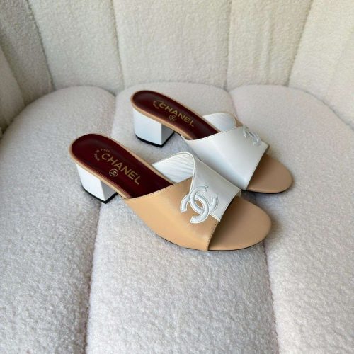 Chanel CC Two Tone Leather Slide Sandals Beige & White