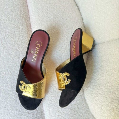 Chanel CC Two Tone Leather Slide Sandals Black & Gold