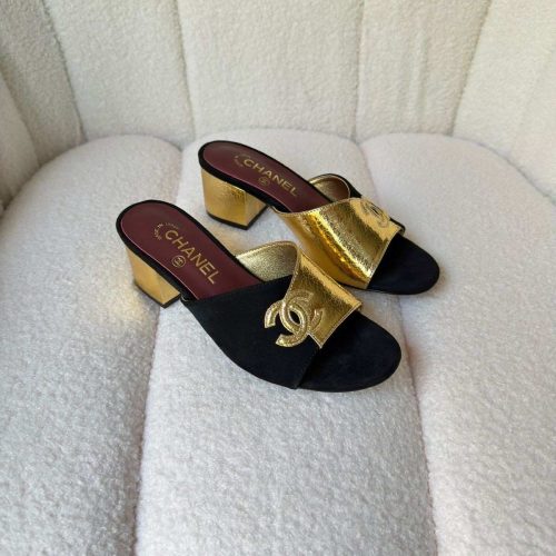 Chanel CC Two Tone Leather Slide Sandals Black & Gold