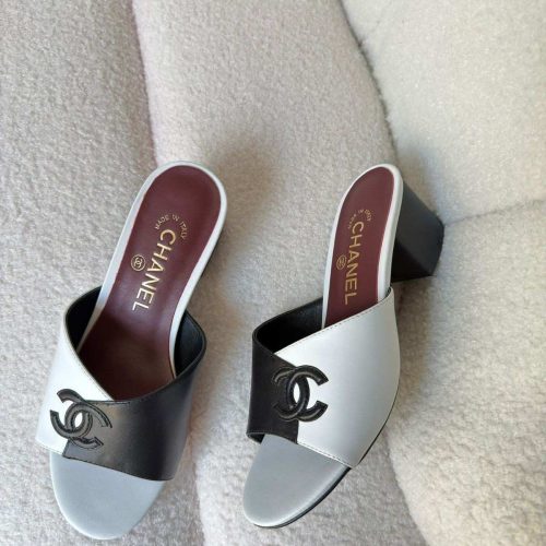 Chanel CC Two Tone Leather Slide Sandals Black & White