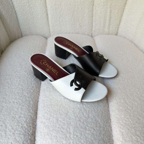 Chanel CC Two Tone Leather Slide Sandals Black & White