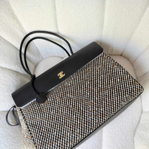 Chanel Large Urban Essential Shopping Tote Black Calfskin & Multicolor Tweed