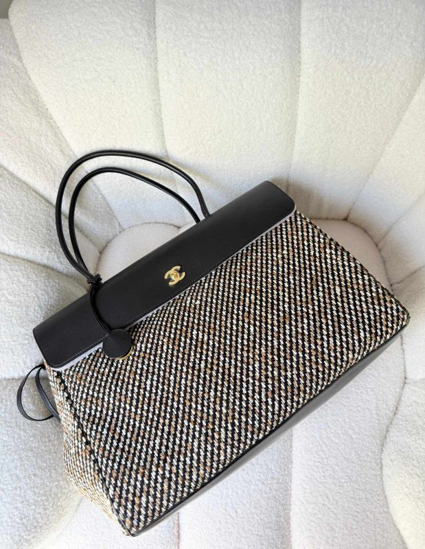 Chanel Large Urban Essential Shopping Tote Black Calfskin & Multicolor Tweed
