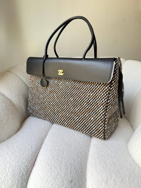 Chanel Large Urban Essential Shopping Tote Black Calfskin & Multicolor Tweed