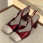 Chanel Red Ivory Leather Slingback Heels With White Cap Toe And Block Heel
