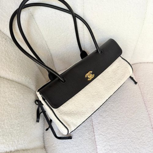 Chanel Small Urban Essential East-West Tote Bag Black Calfskin & White Bouclé Tweed
