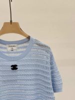 Chanel Striped Knit Short Sleeve T-Shirt With CC Logo blue