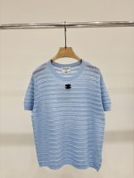 Chanel Striped Knit Short Sleeve T-Shirt With CC Logo blue