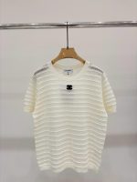 Chanel Striped Knit Short Sleeve T-Shirt With CC Logo white