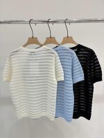 Chanel Striped Knit Short Sleeve T-Shirt With CC Logo