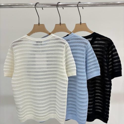 Chanel Striped Knit Short Sleeve T-Shirt With CC Logo