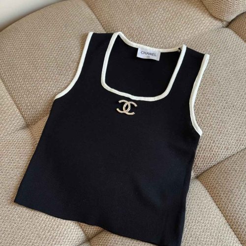 Chanel White Contrast Tank Top CC Logo Black