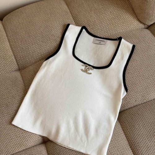 Chanel Black Contrast Tank Top CC Logo White