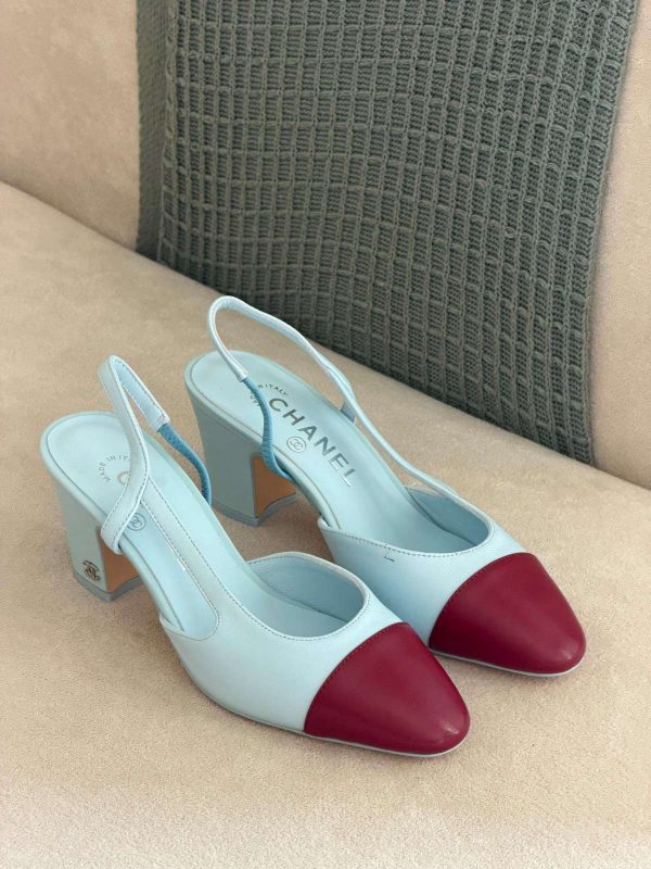 Chanel Two Tone Light Blue & Dark Red Lambskin Slingback Pumps