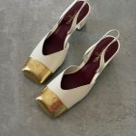 Chanel White Cream Slingback Heels With Gold Cap Toe & Block Heel