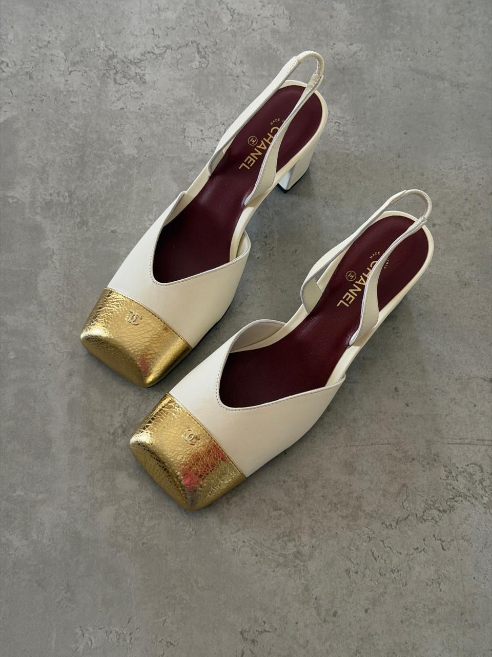 Chanel White Cream Slingback Heels With Gold Cap Toe & Block Heel Chanel White Cream Slingback Heels With Gold Cap Toe & Block Heel