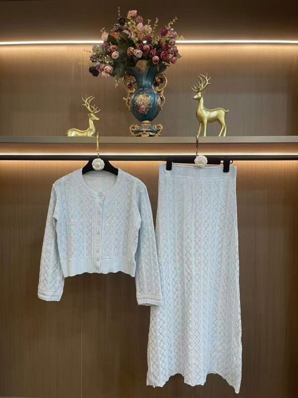 Chanel White Knit Cardigan & Long Skirt Two-Piece Set