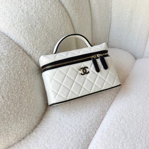 Chanel White Quilted Lambskin Top Handle Vanity Case With Black Trim Gold Hardware