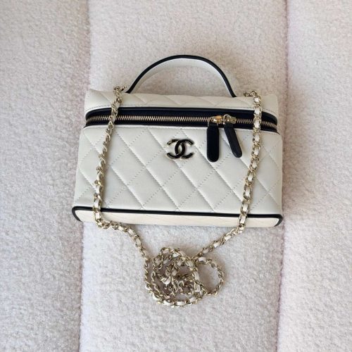 Chanel White Quilted Lambskin Top Handle Vanity Case With Black Trim