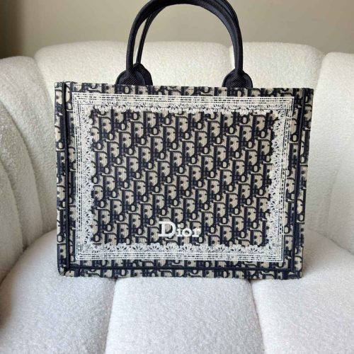 Dior Medium Book Tote Blue Oblique Embroidery With White Lace Frame