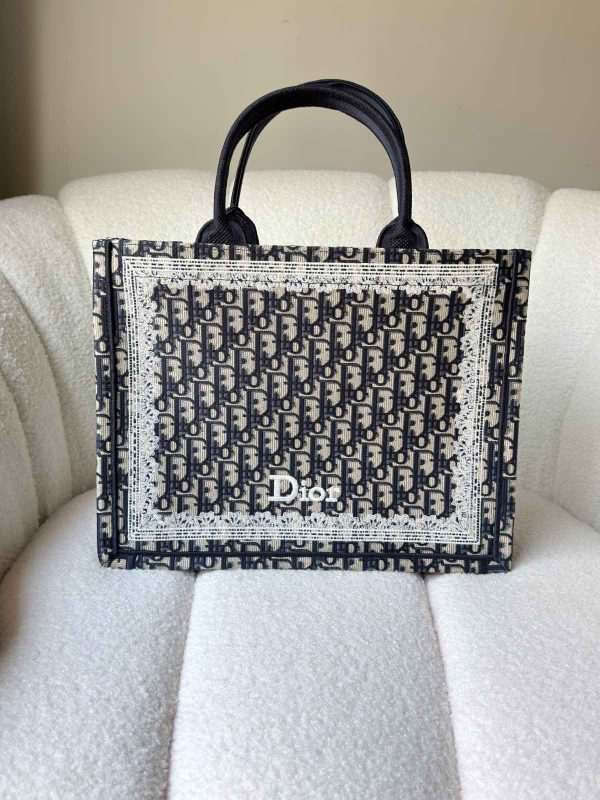 Dior Medium Book Tote Blue Oblique Embroidery With White Lace Frame