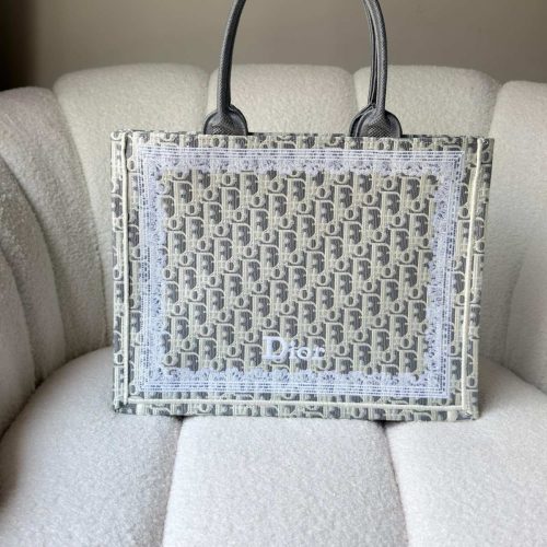 Dior Medium Book Tote Gray Oblique Embroidery With White Lace Frame