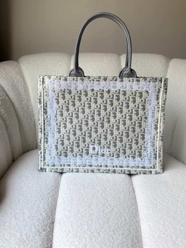 Dior Medium Book Tote Gray Oblique Embroidery With White Lace Frame