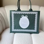 Dior Medium Book Tote Green Oblique Embroidery With White Medaillon