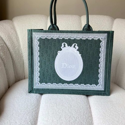 Dior Medium Book Tote Green Oblique Embroidery With White Medaillon