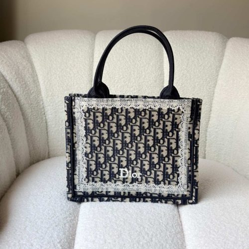Dior Small Book Tote Blue Oblique Embroidery With White Lace Frame