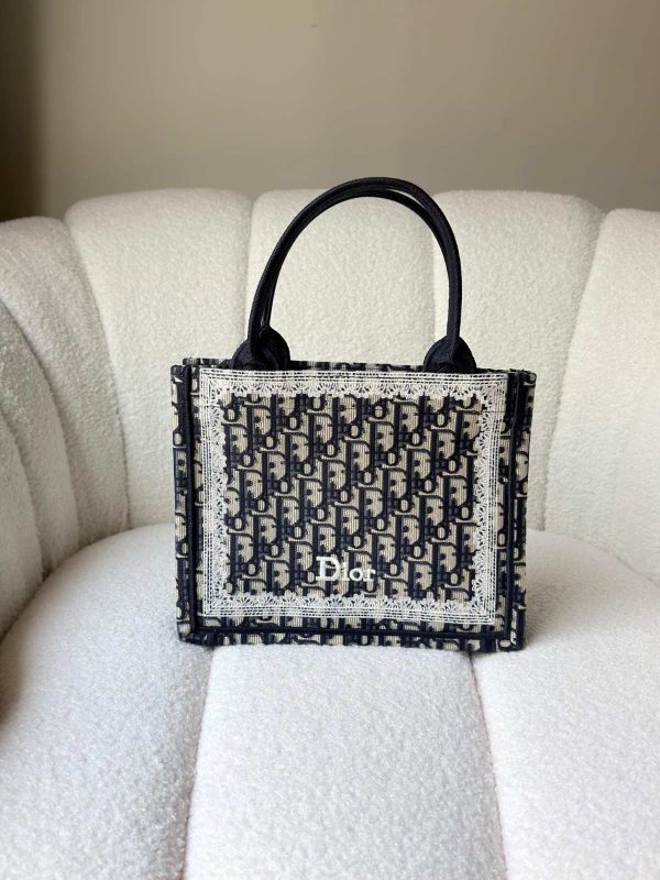 Dior Small Book Tote Blue Oblique Embroidery With White Lace Frame