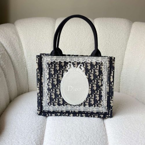 Dior Small Book Tote Blue Oblique Embroidery With White Medaillon