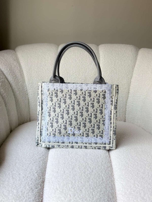 Dior Small Book Tote Gray Oblique Embroidery With White Lace Frame