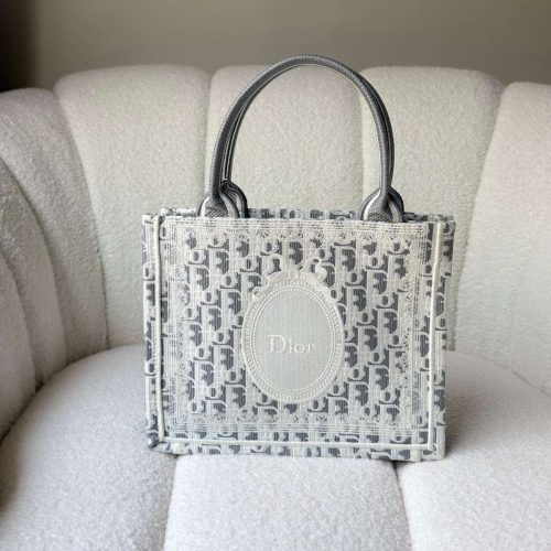 Dior Small Book Tote Gray Oblique Embroidery With White Medaillon