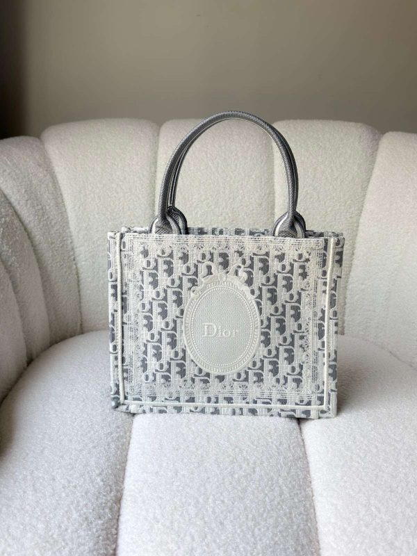 Dior Small Book Tote Gray Oblique Embroidery With White Medaillon