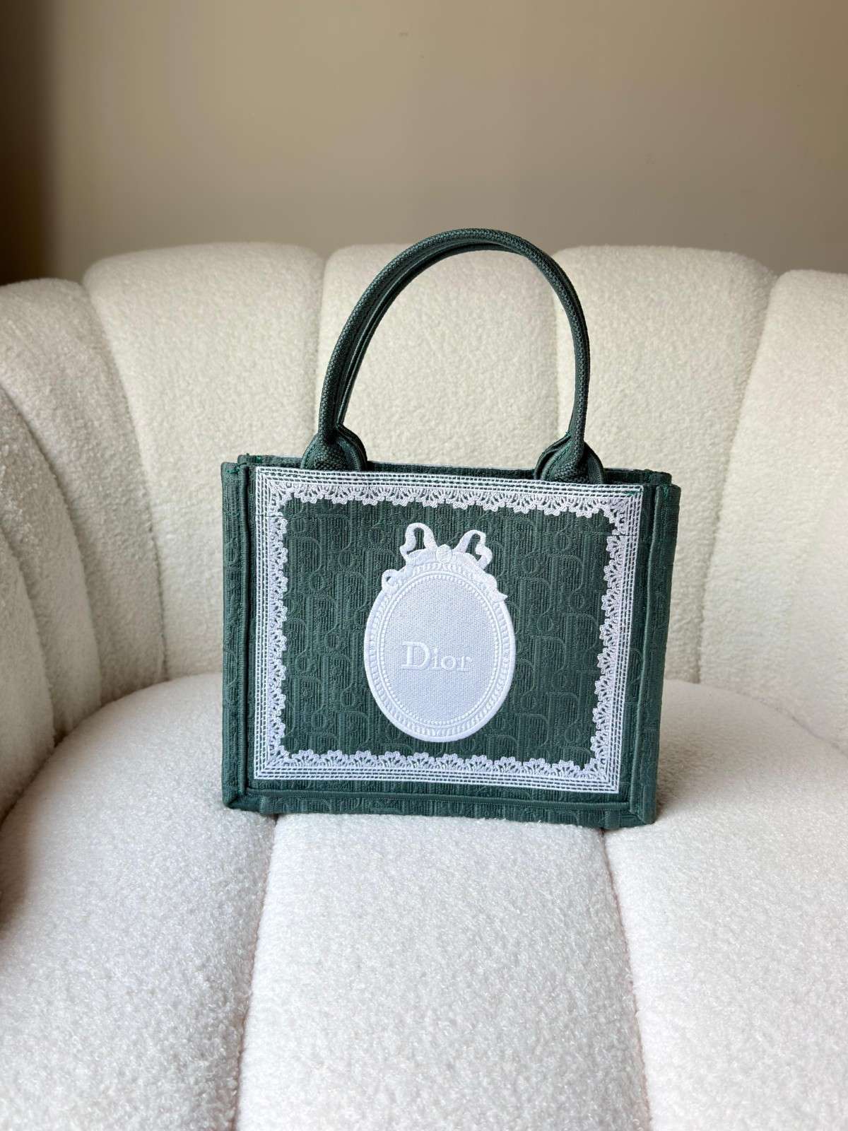 Dior Small Book Tote Green Oblique Embroidery With White Medaillon Dior Small Book Tote Green Oblique Embroidery With White Medaillon