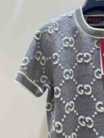 Gucci Short Sleeve GG Jacquard Wool Bouclé Tops Grey