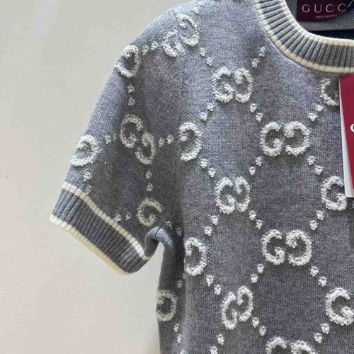 Gucci Short Sleeve GG Jacquard Wool Bouclé Tops Grey