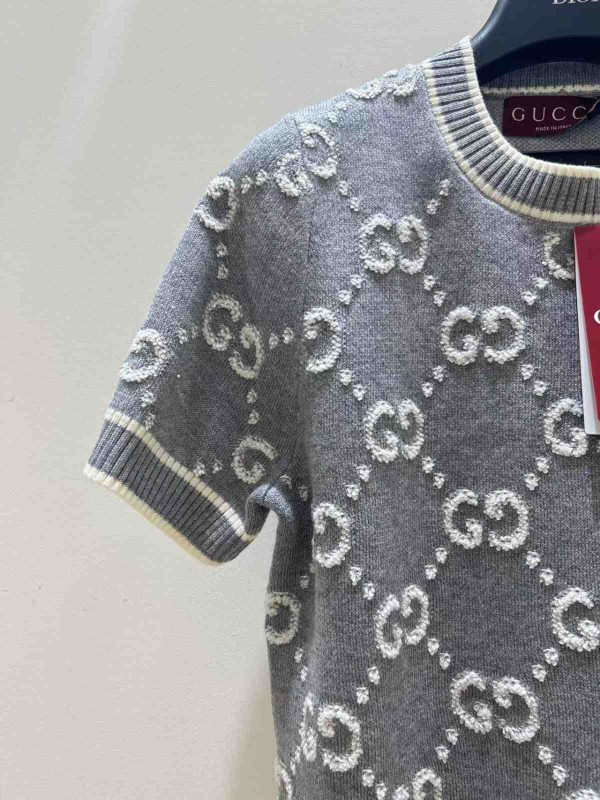 Gucci Short Sleeve GG Jacquard Wool Bouclé Tops Grey