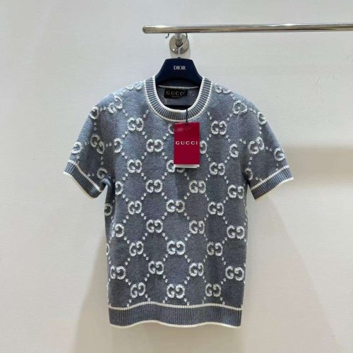 Gucci Short Sleeve GG Jacquard Wool Bouclé Tops Grey