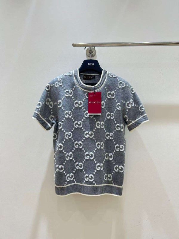 Gucci Short Sleeve GG Jacquard Wool Bouclé Tops Grey