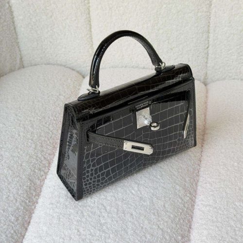 Hermes Kelly Mini Black Shiny Alligator Palladium Hardware