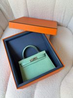 Hermes Kelly Mini Vert D'Eau Shiny Alligator Palladium Hardware
