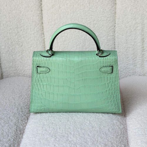 Hermes Kelly Mini Vert D'Eau Shiny Alligator Palladium Hardware