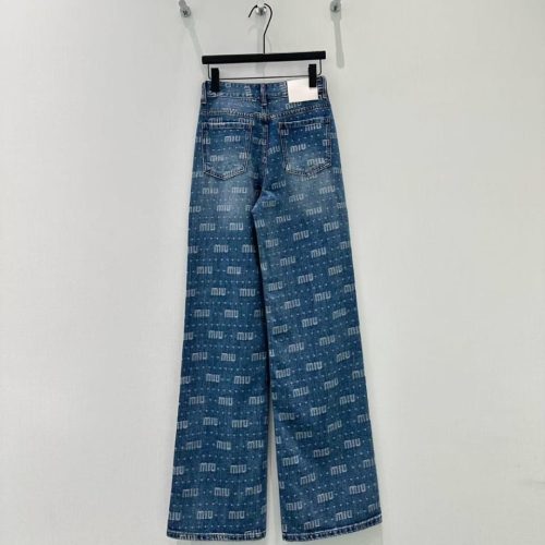 Miu Miu Logo Print Wide Leg Blue Jeans