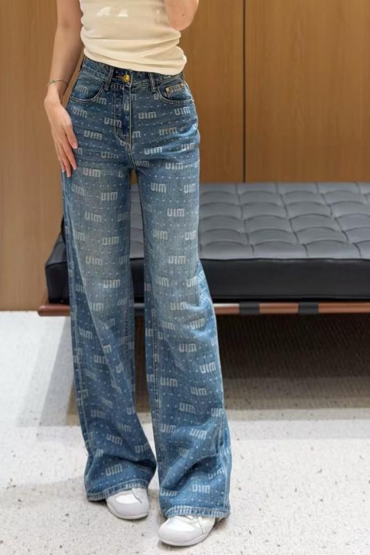 Miu Miu Logo Print Wide Leg Blue Jeans