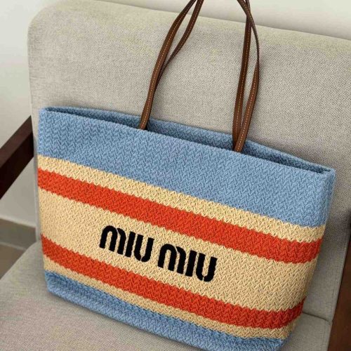 Miu Miu Raffia Effect Woven Tote Bag In Beige And Light Blue Stripes