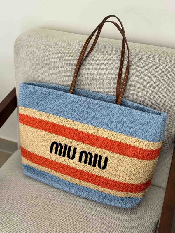Miu Miu Raffia Effect Woven Tote Bag In Beige And Light Blue Stripes