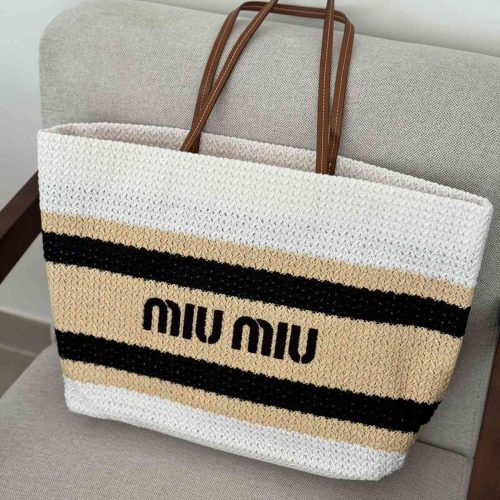 Miu Miu Raffia Effect Woven Tote Bag In Beige And White Stripes